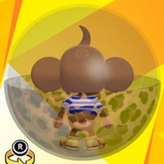 AiAi wearing A sunglasses, a blue striped shirt, yellow high-cut high-tech sneakers, and in a leopard ball (back view)