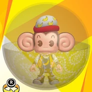 AiAi wearing a red banana monogram night cap, a yellow basketball uniform shirt, black high-cut low-tech sneakers, and in a paisley yellow ball (front view)