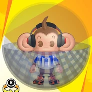 AiAi wearing red headphones, a white & blue soccer uniform shirt, black high-cut high-tech sneakers, and in a gingham check blue ball (front view)