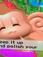 Screenshot of MeeMee jumping while moving her fists