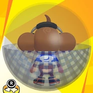 AiAi wearing red headphones, a white & blue soccer uniform shirt, black high-cut high-tech sneakers, and in a gingham check blue ball (back view)