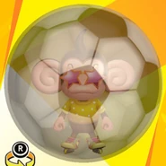 AiAi wearing F sunglasses, a yellow polka dot shirt, yellow roller blades, and in a soccer ball ball (front view)