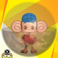 AiAi wearing a blue checker cap, a red baseball uniform shirt, black low-cut high-tech sneakers, and in a beige camo ball (front view)