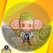 AiAi wearing a yellow star cap, a white basketball uniform shirt, yellow low-cut high-tech sneakers, and in a paisley black ball (front view)