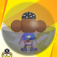 AiAi wearing a black star cap, a blue baseball uniform shirt, blue low-cut high-tech sneakers, and in a blue camo ball (back view)