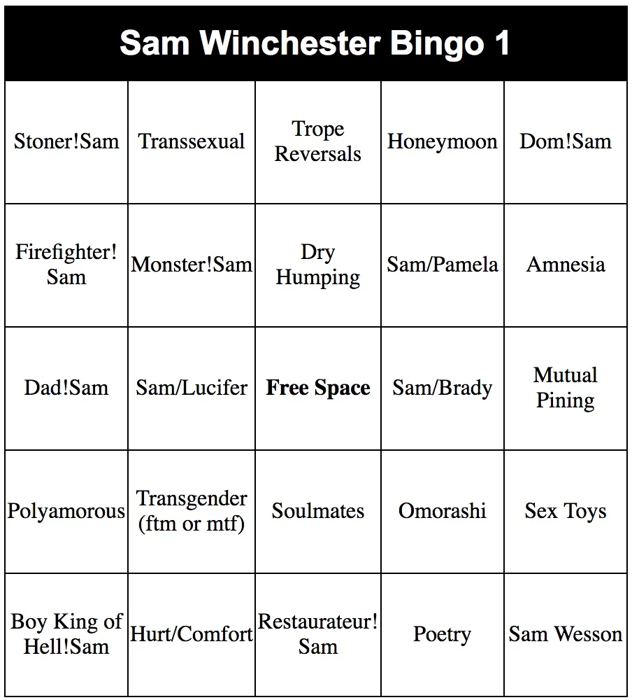 PreMade Cards Sam Winchester Bingo Supernatural Bingos Wiki Fandom