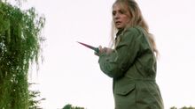 SPN 12x01-Mary holds the bloody angel blade after stabbing the British Woman of Letters Ms.Watt