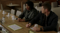 Billie appears next to Dean at a diner, informing him that Chuck is done destroying the other worlds