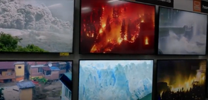 The destruction of multiple universes as observed through various television screens.