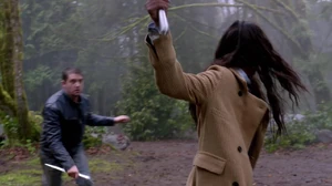 Castiel's Guard prepares to clashes blades with one of Metatron's Assassins