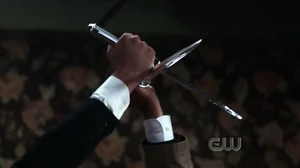 Castiel clashes blades with another Angel