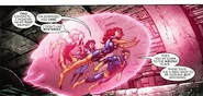 Jean Grey (Marvel Comics) utilizando um campo de força telecinético para viajar pelo espaço carregando Ciclope, Dentes de Sabre e Lince Negra.