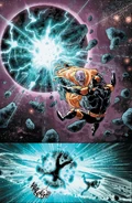 Thanos (Marvel Comics) destruindo um planeta usando sua força bruta enquanto luta com seu filho Thane.