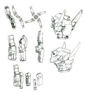 Head view, Fang Slasher, Chakram Shooter and Roche Saber rack sketches.