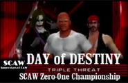 Triple Threat Match: Mr. Clean (champion) vs. The Joker vs. Jack Sparrow for the SCAW Zero-One Championship