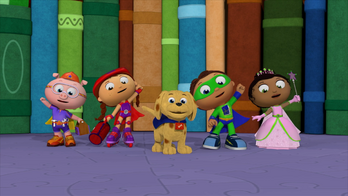 to the left) the protagonist of a kids show named super why (to