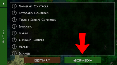 After clicking on the "?", the Help Topics page will come up. Click on the "Recipaedia" button and all descriptions and recipes will be there. You will need to scroll through all of them or click on the various categories to more directly find the recipe you are looking for.