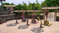 Tina, Laura M., and Hayden compete to re-enter the game in the final post-merge duel, A Leg Up.