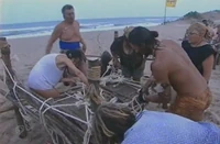 Sand competing in the third tribal Reward Challenge, Build It Up, Break It Down.