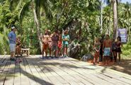 The castaways prepare to compete in their first post-merge Reward Challenge, Jump Shot.