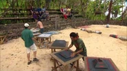 The tribes compete in the first Reward Challenge, Thrilogy.