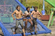 Malcolm, Michaela, and J.T. competing for Nuku in Austin's Elemental Obstacle Course.