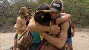 Chase and Brenda hug after arriving at their beach.