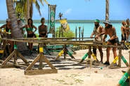 Leones competing in the Immunity Challenge, Rice Race.