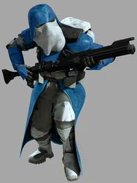 Alpha-Ø4's penchant for the color blue extended to his modified  armor.