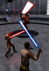 Jedi Masters Kyle Katarn and Luke Skywalker battle three Sith Knights.