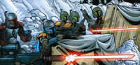 Kuflin, his three "brothers", and Fett fighting during the Mandalorian Civil War.