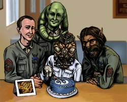 A retired GySgt Tuffass with three Marines, circa 