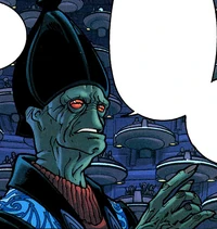 Gunray speaks in the Galactic Senate during the Stark Hyperspace War, a conflict that allowed him to become Federation Viceroy.