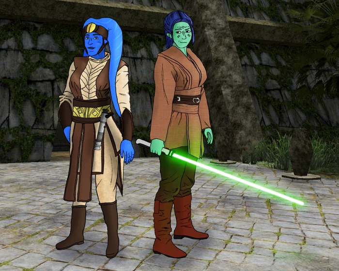 Myrith avec son maître Aynor Alask à l’Académie de Yavin 4, en 197 (illustration par La_Mirialane)