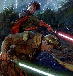 A Sith Lord strikes a Jedi Knight during a duel.