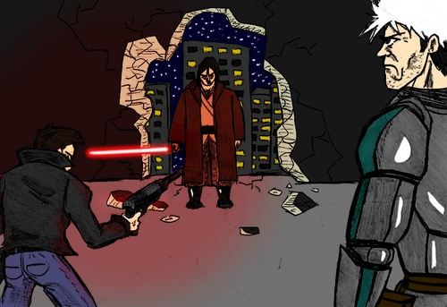 Huge (gauche) et Waren font face au Jedi Kiad lors de la bataille de la Tour Sadow (dessin par Bencenovii, couleurs par Huge)
