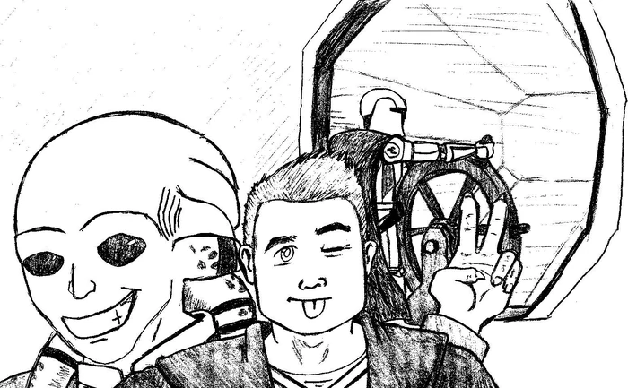 Zatila, Chris Frolland et Cenovii (à la barre) à bord du Contre-Attaque III (illustration par Bencenovii)