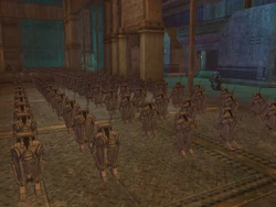 Deactivated battle droids in the Corellia Droid Factory.