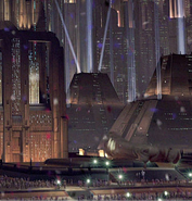 The Imperial Palace, the Imperial Monument, as the Darth Sidious statue is being toppled in Return of the Jedi