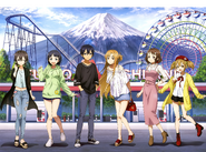 Shino with Asuna, Kazuto, Keiko, Rika, and Suguha on a visual for an SAO collaboration with FujiQ.