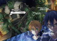 Kirito and Eugeo facing against a goblin raiding party.