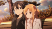 Kazuto and Asuna on a bench