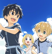 An illustration of Kirito with Alice and Eugeo by Yamamoto Yumiko.