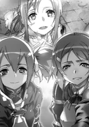 Lisbeth and Silica reassuring Asuna upon arriving in Underworld.
