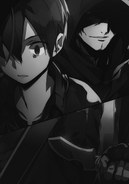 Kirito held at knifepoint by Morte's boss.