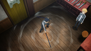 Kirito testing his new sword at Sadore's shop - S3E07