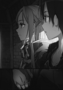 Asuna holding Kirito's hand outside the fifth floor's Labyrinth tower.