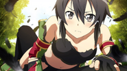 Sinon lying on Kirito after a crow attack