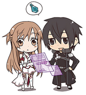 A chibi illustration of Asuna and Kirito.