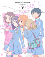 Yuuki Asuna with Ayano Keiko, Kirigaya Kazuto, Konno Yuuki, and Shinozaki Rika on the cover of SAOII's ninth Blu-Ray/DVD